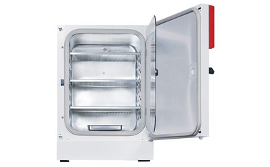 Thermo Scientific Heracell 150 stainless-steel CO₂ incubator with door open, showing internal shelving used for cell and embryo culture.