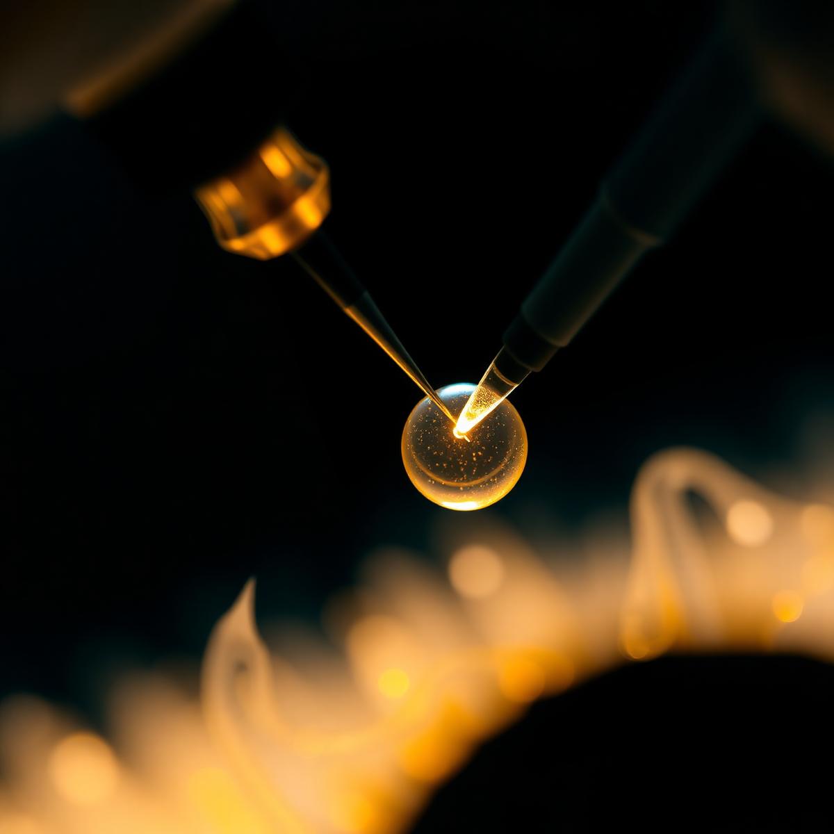 Micro-injection needle approaching a single egg under high-magnification microscope