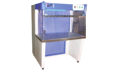 Blue and white laminar air flow cabinet with glass front providing sterile HEPA-filtered workspace for laboratory procedures.
